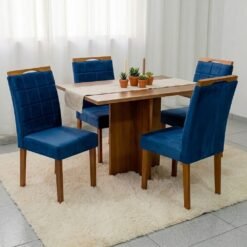 Mesa Salinas 100 (Tampo Dakota s/vidro) Cinamomo/Off White com 4 Cadeiras Las Vegas Veludo Azul 24 – CEL MÓVEIS + OURO D