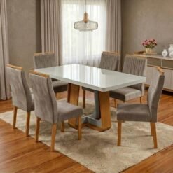 Mesa Sintonia (Tampo Maxi) 170 Amêndoa Clean/Off White com 6 Cadeiras Gênova Veludo Bege Capuccino – LOPAS + ART ASSENTO