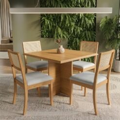 Mesa Pérola 90 Imbuia Mel (Tampo Viena s/vidro) com 4 Cadeiras Lola Linho Gelo A077A – CARVALHO DECOR + KAPPESBERG