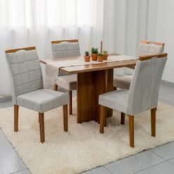 Mesa Salinas 100 (Tampo Dakota s/vidro) Cinamomo/Off White com 4 Cadeiras Las Vegas Veludo Bege 01 – CEL MÓVEIS + OURO D