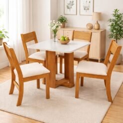 Mesa Anjo 90 Mel/Blonde com 4 Cadeiras Brisa Veludo Marfim - VIERO MÓVEIS