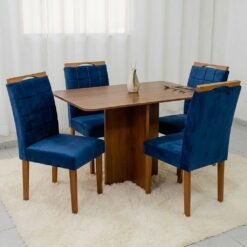 Mesa Salinas 120 (Tampo Londres s/vidro) Cinamomo/Off White com 4 Cadeiras Las Vegas Veludo Azul 24 – CEL MÓVEIS + OURO