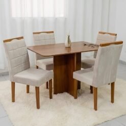 Mesa Salinas 120 (Tampo Londres s/vidro) Cinamomo/Off White com 4 Cadeiras Las Vegas Veludo Bege 01 – CEL MÓVEIS + OURO