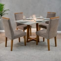 Mesa Pedro 90 Mel/Off White com 4 Cadeiras Gênova Veludo Bege Capuccino – ART ASSENTOS