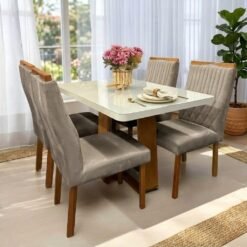 Mesa Sintonia (Tampo Maxi) 120 Amêndoa Clean/Off White com 4 Cadeiras Gênova Veludo Bege Capuccino – LOPAS + ART ASSENTO