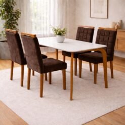 Mesa Capri 120 (C/Vidro) Cinamomo/Off White com 4 Cadeiras Las Vegas Veludo Marrom 17 – MÓVEIS VALVERDE + OURO DECOR