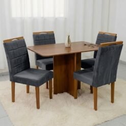 Mesa Salinas 120 (Tampo Londres s/vidro) Cinamomo/Off White com 4 Cadeiras Las Vegas Veludo Cinza Grafite 10 – CEL MÓVEI