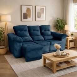 Sofá Retrátil e Reclinável Dinamarca 2,10 m Veludo Azul - FLASH ESTOFADOS