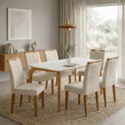 Mesa Capri 160 (C/Vidro) Cinamomo/Off White com 4 Cadeiras Las Vegas Veludo Bege 01 – MÓVEIS VALVERDE + OURO DECOR