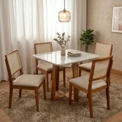 Mesa Pedro 90 Mel/Off White com 4 Cadeiras Dubai Mel/Linho Bege 614 – ART ASSENTOS