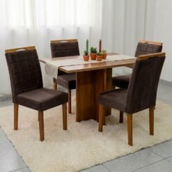 Mesa Salinas 100 (Tampo Dakota s/vidro) Cinamomo/Off White com 4 Cadeiras Las Vegas Veludo Marrom 17 – CEL MÓVEIS + OURO