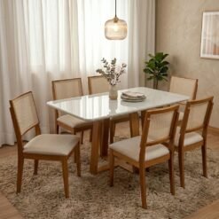 Mesa Pedro 160 Mel/Off White com 6 Cadeiras Dubai Mel/Linho Bege 614 – ART ASSENTOS