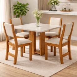 Mesa Anjo/Angel 90 Mel/Blonde/Off White com 4 Cadeiras Sol Linho Bronze - VIERO MÓVEIS