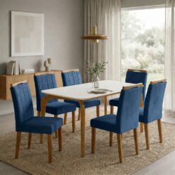 Mesa Capri 160 (C/Vidro) Cinamomo/Off White com 4 Cadeiras Las Vegas Veludo Azul 24 – MÓVEIS VALVERDE + OURO DECOR