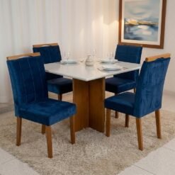 Mesa Salinas 90 (Tampo Dakota c/vidro) Cinamomo/Off White com 4 Cadeiras Las Vegas Veludo Azul 24 – CEL MÓVEIS + OURO DE