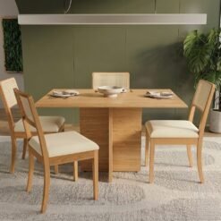 Mesa Pérola 120 Imbuia Mel (Tampo Viena s/vidro) com 4 Cadeiras Lola Linho Areia A085A – CARVALHO DECOR + KAPPESBERG