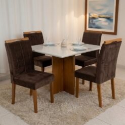 Mesa Salinas 90 (Tampo Dakota c/vidro) Cinamomo/Off White com 4 Cadeiras Las Vegas Veludo Marrom 17 – CEL MÓVEIS + OURO