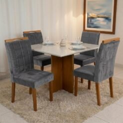 Mesa Salinas 90 (Tampo Dakota c/vidro) Cinamomo/Off White com 4 Cadeiras Las Vegas Veludo Cinza Grafite 10 – CEL MÓVEIS