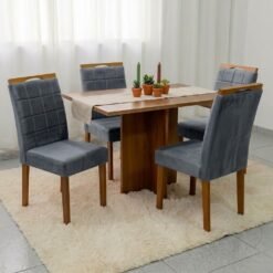 Mesa Salinas 100 (Tampo Dakota s/vidro) Cinamomo/Off White com 4 Cadeiras Las Vegas Veludo Cinza Grafite 10 – CEL MÓVEIS