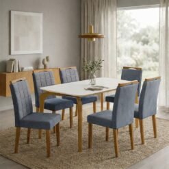 Mesa Capri 160 (C/Vidro) Cinamomo/Off White com 4 Cadeiras Las Vegas Veludo Cinza Grafite 10 – MÓVEIS VALVERDE + OURO DECOR