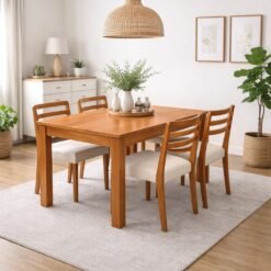 Mesa Athenas 120 Amêndoa Clean com 4 Cadeiras Turquia Mel/Linho Palha 311A  – LOPAS + HR MOVELARIA