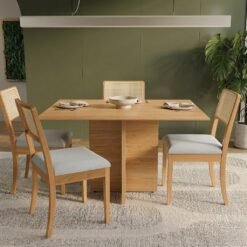 Mesa Pérola 120 Imbuia Mel (Tampo Viena s/vidro) com 4 Cadeiras Lola Linho Gelo A077A – CARVALHO DECOR + KAPPESBERG