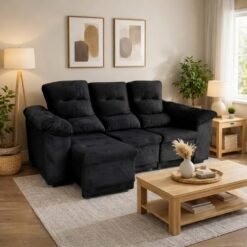 Sofá Retrátil e Reclinável Dinamarca 2,10 m Veludo Preto - FLASH ESTOFADOS