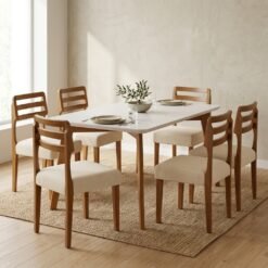 Mesa Anne 180 Mel/Off White com 6 Cadeiras Turquia Linho Palha 311A – HR MOVELARIA