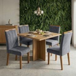 Mesa Pérola 90 Imbuia Mel (Tampo Viena s/vidro) com 4 Cadeiras Las Vegas Veludo Cinza Grafite 10 – CARVALHO DECOR + OUR