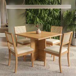 Mesa Pérola 90 Imbuia Mel (Tampo Viena s/vidro) com 4 Cadeiras Lola Linho Areia A085A – CARVALHO DECOR + KAPPESBERG