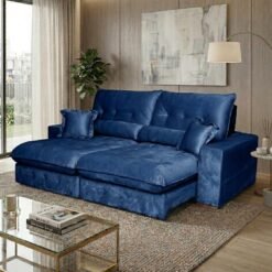 Sofá Retrátil e Reclinável Noruega 2,50 m Veludo Azul - ARCA ESTOFADOS