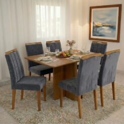 Mesa Salinas 160 (Tampo Londres s/ vidro) Cinamomo com 6 Cadeiras Las Vegas Veludo Cinza Grafite 10 – CEL MÓVEIS + OURO
