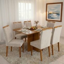 Mesa Salinas 160 (Tampo Londres s/ vidro) Cinamomo com 6 Cadeiras Las Vegas Veludo Bege 01 – CEL MÓVEIS + OURO DECOR