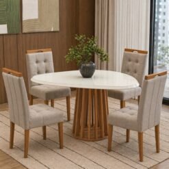 Mesa Lavanda BA45 135 Canela/Off White com 4 Cadeiras Sophia Veludo Bege 100 - KAPPESBERG + WM DECOR