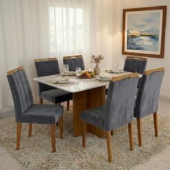Mesa Salinas 160 (Tampo Londres c/vidro) Cinamomo/Off White com 6 Cadeiras Las Vegas Veludo Cinza Grafite 10 – CEL MÓVEIS + OURO DECOR