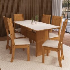 Mesa Évora 150 Freijó/Off White com 6 Cadeiras Lisboa Linho Bege - INDÉKES