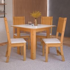 Mesa Lisboa 90 Freijó/Off White com 4 Cadeiras Lisboa Linho Bege – INDÉKES