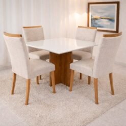 Mesa Salinas/Helô/Los Angeles 120 Cinamomo/Off White com 4 Cadeiras Safira Linho Bege 200 – CEL MÓVEIS + WM DECOR