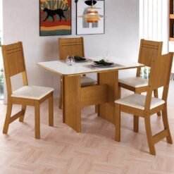 Mesa Évora 110 Freijó/Off White com 4 Cadeiras Lisboa Linho Bege - INDÉKES