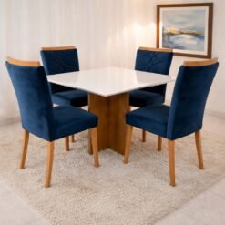Mesa Salinas/Helô/Los Angeles 120 Cinamomo/Off White com 4 Cadeiras Safira Veludo Azul – CEL MÓVEIS + WM DECOR