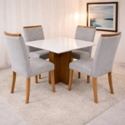 Mesa Salinas/Helô/Los Angeles 120 Cinamomo/Off White com 4 Cadeiras Safira Linho Cinza Grafite 206 – CEL MÓVEIS + WM DECOR