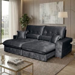 Sofá Retrátil e Reclinável Noruega 2,50 m Veludo Cinza Grafite - ARCA ESTOFADOS