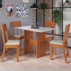 Mesa Karla 108 Freijó/Off White com 4 Cadeiras Karla Linho Bege - INDÉKES