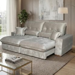 Sofá Retrátil e Reclinável Noruega 2,50 m Veludo Bege - ARCA ESTOFADOS