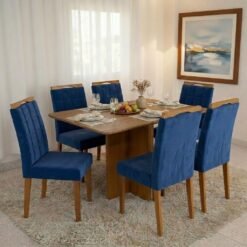 Mesa Salinas 160 (Tampo Londres s/ vidro) Cinamomo com 6 Cadeiras Las Vegas Veludo Azul 24 – CEL MÓVEIS + OURO DECOR