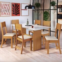 Mesa Karla 150 Freijó/Off White com 6 Cadeiras Karla Linho Bege - INDÉKES