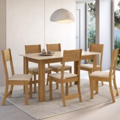 Mesa Atlanta 150 Freijó/Off White com 6 Cadeiras Karla Linho Bege - INDÉKES