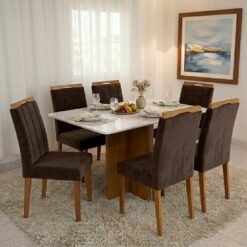 Mesa Salinas 160 (Tampo Londres c/vidro) Cinamomo/Off White com 6 Cadeiras Las Vegas Veludo Marrom 17 – CEL MÓVEIS + OURO DECOR