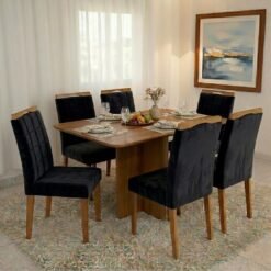 Mesa Salinas 160 (Tampo Londres s/ vidro) Cinamomo com 6 Cadeiras Las Vegas Veludo Preto 13 – CEL MÓVEIS + OURO DECOR