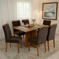 Mesa Salinas 160 (Tampo Londres s/ vidro) Cinamomo com 6 Cadeiras Las Vegas Veludo Marrom 17 – CEL MÓVEIS + OURO DECOR